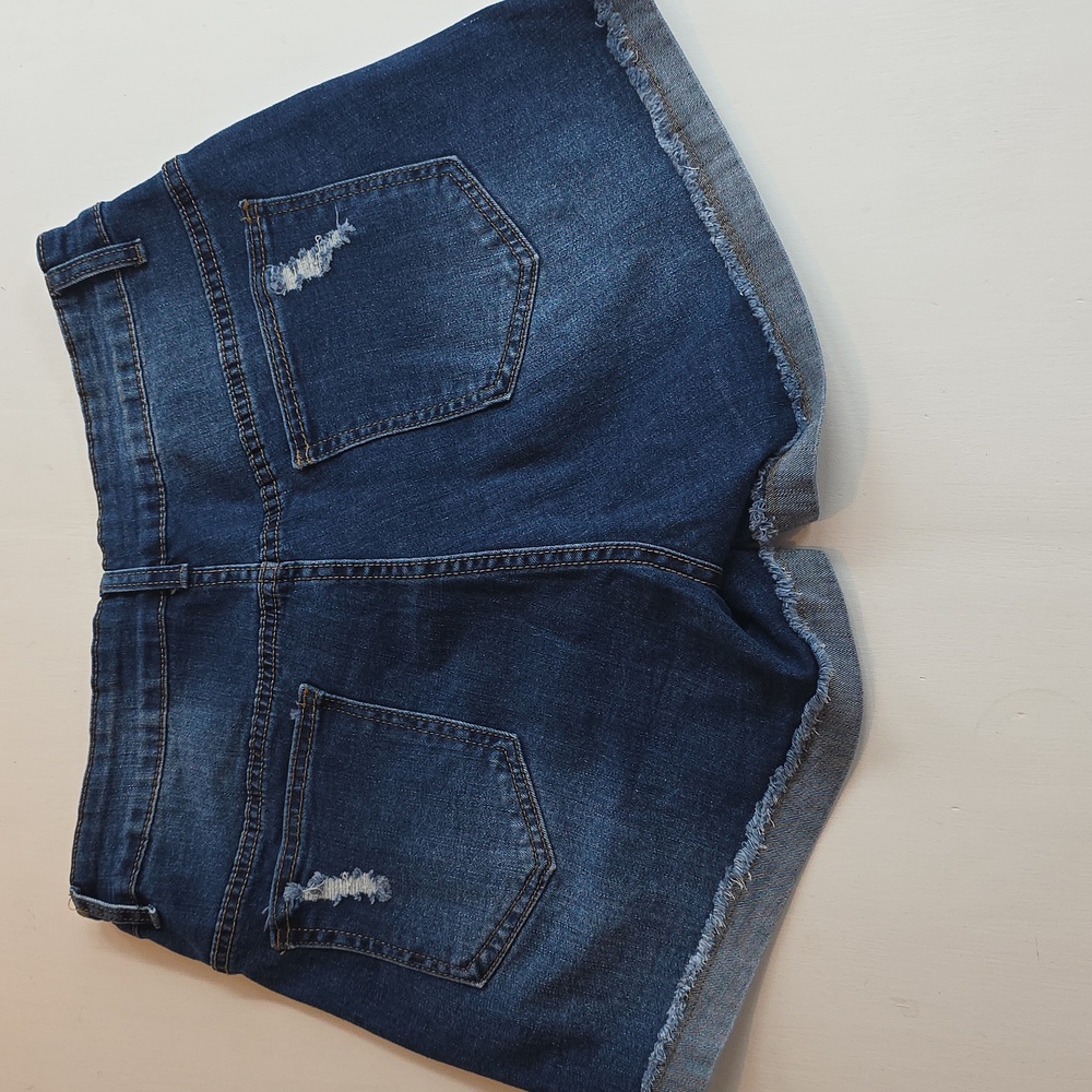 Mid Rise Ripped Dark Blue Jean Shorts - Picture 4 of 5